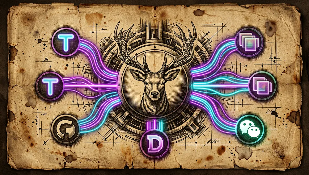 Sprawling, futuristic digital network map glowing in neon colors against a dark background. The central node, labeled with a stylized deer icon, connects to various communication and extension nodes represented by glowing logos: Telegram, Slack, Discord, GitHub, and WeChat.