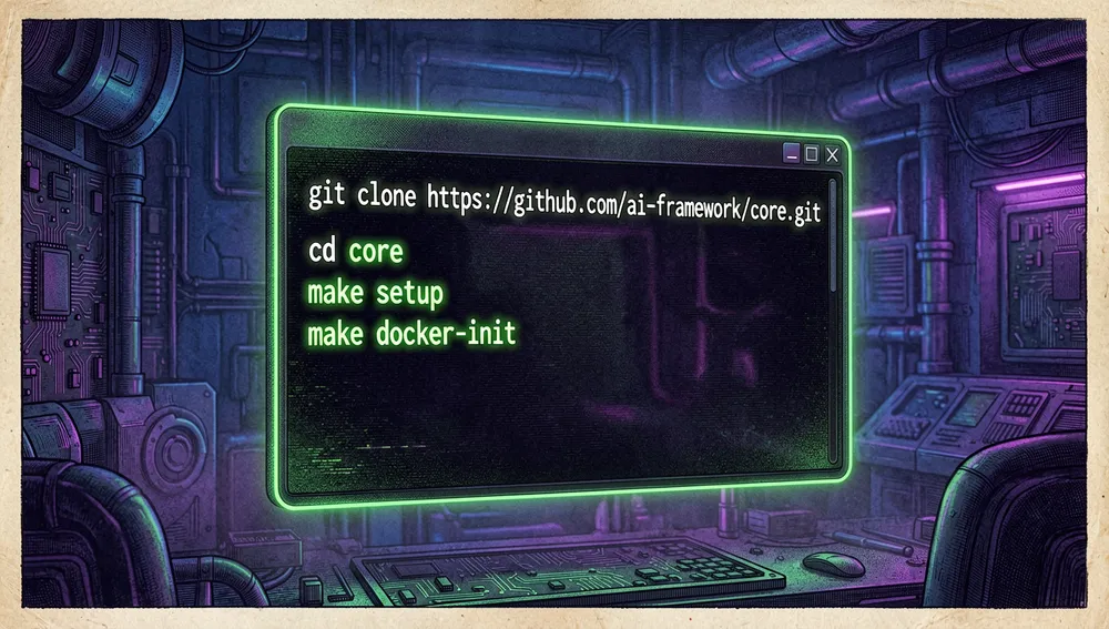 Sleek dark mode terminal interface glowing with neon green and white text, displaying code commands like git clone, make setup, and make docker-init. The terminal window floats in a dark cyberpunk workspace illuminated by neon blue and purple ambient light.