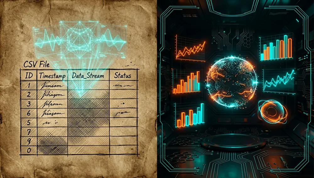 Ultra-detailed 8K split-screen digital illustration. On one side, a glowing, holographic CSV file transforming into a 3D data visualization with neon charts and graphs. On the other side, an AI agent represented by a glowing orb interacting with the data inside a secure, isolated digital chamber.