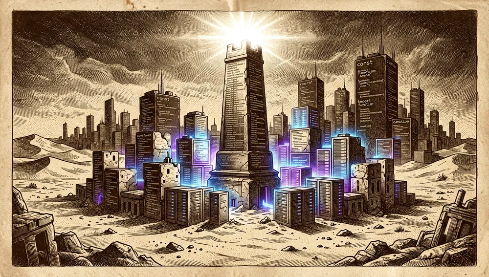 Visual representation of a massive open-source repository. A dark cyberpunk cityscape where the buildings are made of stacked code blocks and digital filing cabinets, all glowing with neon blue and purple lights. The central structure is a towering monolith emitting a beacon of light, symbolizing the 80,000+ GitHub stars.