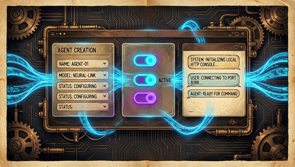 Interfaz de consola web elegante en modo oscuro flotando en un espacio digital cyberpunk, mostrando múltiples perfiles de agentes de IA configurables con líneas de acento neón azul y púrpura brillantes. La interfaz muestra paneles de creación de agentes, interruptores de activación y ventanas de sesión de chat. Flujos de datos holográficos fluyen entre los elementos de la interfaz, representando la consola HTTP local en el puerto 8088.