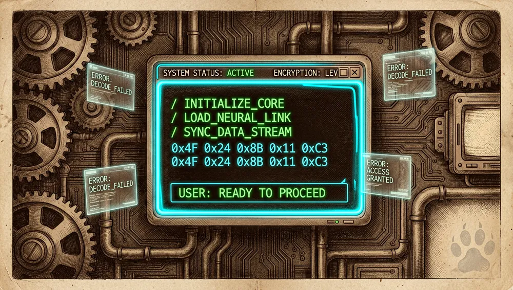 Interfaz de usuario de terminal futurista (TUI) renderizada en estilo cyberpunk, mostrando una ventana de terminal oscura con texto verde y cian brillante, comandos mágicos con prefijo / e indicadores de estado conversacional. El terminal está incrustado en un entorno oscuro de alta tecnología con líneas de acento neón, fragmentos de código holográficos flotantes y una sutil marca de agua de huella de pata.
