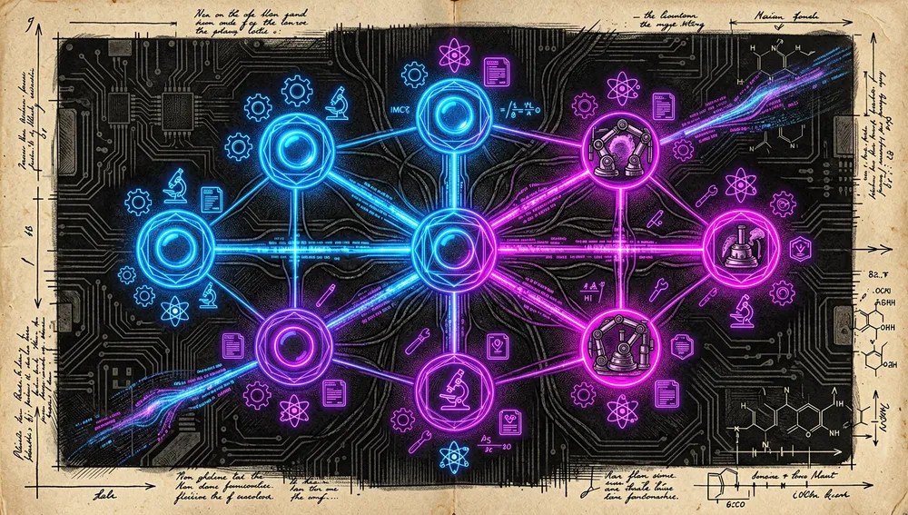 Ilustración cyberpunk de múltiples agentes de IA representados como avatares neón brillantes conectados por rutas de datos luminosas, formando una red multiagente. Cada nodo de agente pulsa con luces neón de diferentes colores (azul, púrpura, magenta), rodeado de iconos flotantes de skills, herramientas MCP y módulos de memoria. El fondo oscuro presenta intrincados patrones de placa de circuitos y flujos de datos.