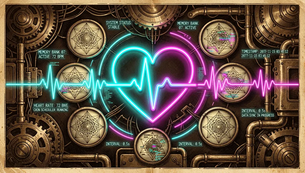 Ilustración digital de un futurista sistema de memoria y heartbeat en estética cyberpunk, con un símbolo de pulso neón brillante en forma de corazón integrado con bancos de memoria circulares e interfaces de programador de tareas cron. La escena muestra ondas de datos rítmicas y disparadores de tareas periódicas visualizados como arcos neón luminosos en un entorno tecnológico oscuro y ultra detallado. Marcas de tiempo flotantes e intervalos de heartbeat aparecen como texto holográfico.