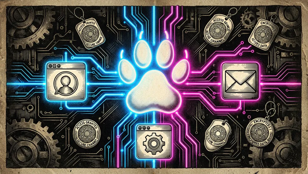 Ilustración de estilo cyberpunk de integraciones de canales de mensajería, mostrando una interfaz futurista oscura con líneas de conexión neón brillantes que enlazan un símbolo central de huella de pata de IA con varios iconos de aplicaciones de chat. Las conexiones pulsan con luz azul eléctrica y magenta, representando canales asegurados por credenciales. El fondo presenta un entorno oscuro iluminado por circuitos con tokens de seguridad flotantes y credenciales de permisos.