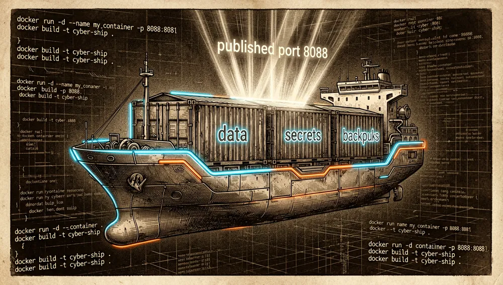 Visualización futurista de un contenedor Docker en estética cyberpunk, mostrando un barco contenedor brillante iluminado en neón flotando en un espacio digital oscuro, con tres volúmenes de carga iluminados y distintos etiquetados como data, secrets y backups. El contenedor emite haces de luz holográficos que representan el puerto publicado 8088, rodeado de fragmentos de código fluyentes de comandos docker run.