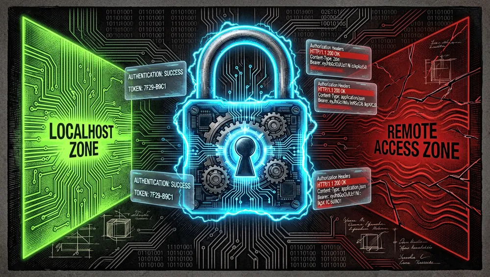 Ilustración digital de temática cyberpunk sobre seguridad, mostrando un candado neón brillante y un escudo protegiendo un núcleo central de asistente de IA, con tokens holográficos de autenticación y encabezados de autorización Bearer flotando alrededor. La escena contrasta una zona segura de localhost brillando en verde contra una peligrosa zona de acceso remoto en rojo, con líneas de barrera neón. Fondo oscuro y ultra detallado con patrones de circuitos y flujos de código binario.