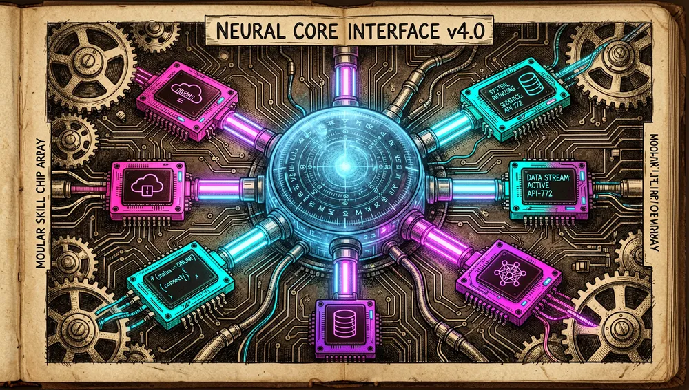 Ilustración cyberpunk de un ecosistema extensible de plugins y skills, con un núcleo central brillante de IA con puertos neón luminosos donde se conectan chips de skills modulares y módulos de herramientas MCP. Cada módulo brilla con diferentes colores neón, mostrando fragmentos de código procedimental e iconos de servicios externos. El fondo oscuro presenta intrincados patrones tecnológicos y conexiones de datos fluyentes.