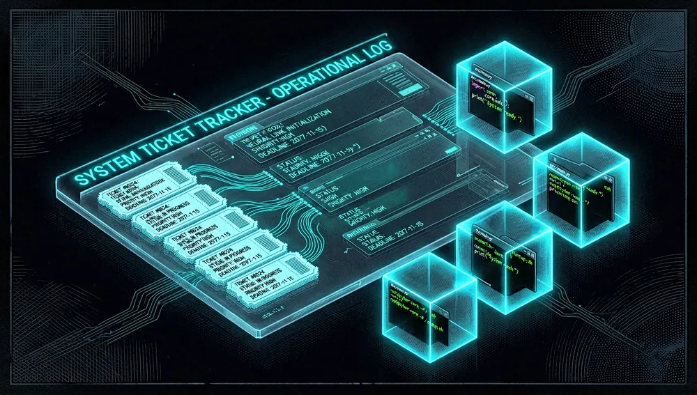 Ilustración de cerca de un tablero de tickets futurista renderizado como una interfaz holográfica, evocando Linear pero con estilo cyberpunk. Tarjetas de tickets neón brillantes flotan en un vacío oscuro, conectadas por flujos de datos luminosos a directorios de espacio de trabajo aislados, visualizados como cubos transparentes y brillantes. Cada cubo contiene un entorno de desarrollo diminuto y autocontenido con pequeños editores de código y ventanas de terminal.