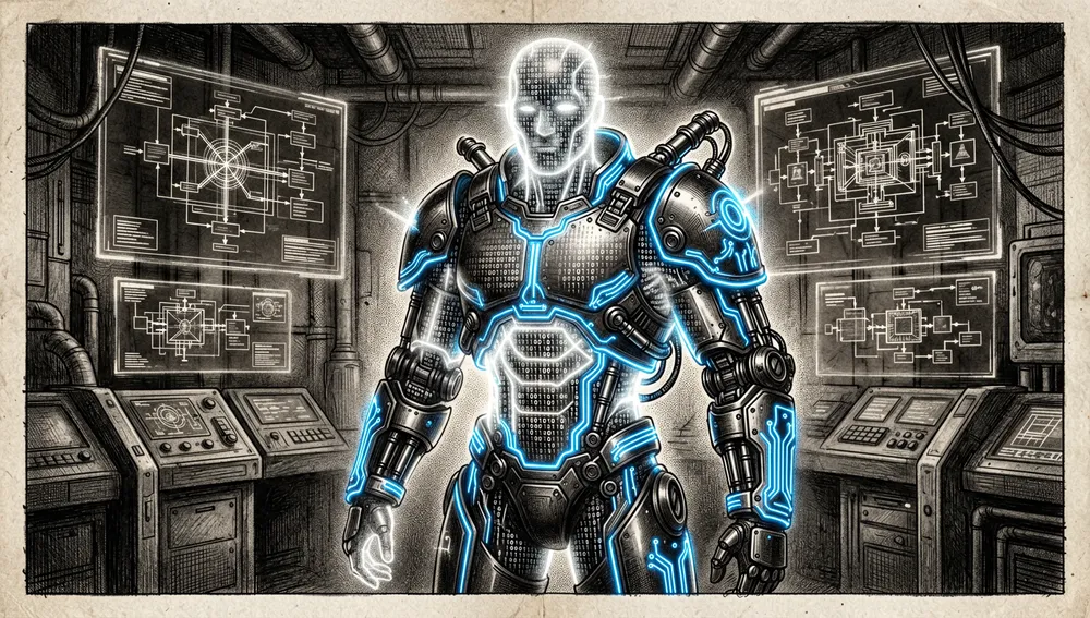 Obra de arte digital conceptual que muestra el concepto de "harness engineering" como un exoesqueleto futurista y blindado que rodea a un agente de programación de IA autónomo y brillante. El exoesqueleto está hecho de metal oscuro elegante con líneas de circuitos neón azules, representando pruebas, documentación y guardrails de CI. En su interior, una figura humanoide luminosa hecha de código puro y luz representa al agente, contenido de forma segura y guiado por el arnés.