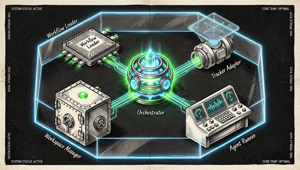 Ilustración diagramática visualmente rica de la arquitectura del sistema Symphony en modo oscuro, estilo cyberpunk. En el centro, un núcleo neón brillante etiquetado "Orchestrator" pulsa con energía. Desde él, las rutas de datos se extienden hacia módulos circundantes: un chip "Workflow Loader", una interfaz "Tracker Adapter", una bóveda "Workspace Manager" y un terminal "Agent Runner". Cada módulo se representa como un componente de hardware futurista y detallado con puertos brillantes y pantallas holográficas.