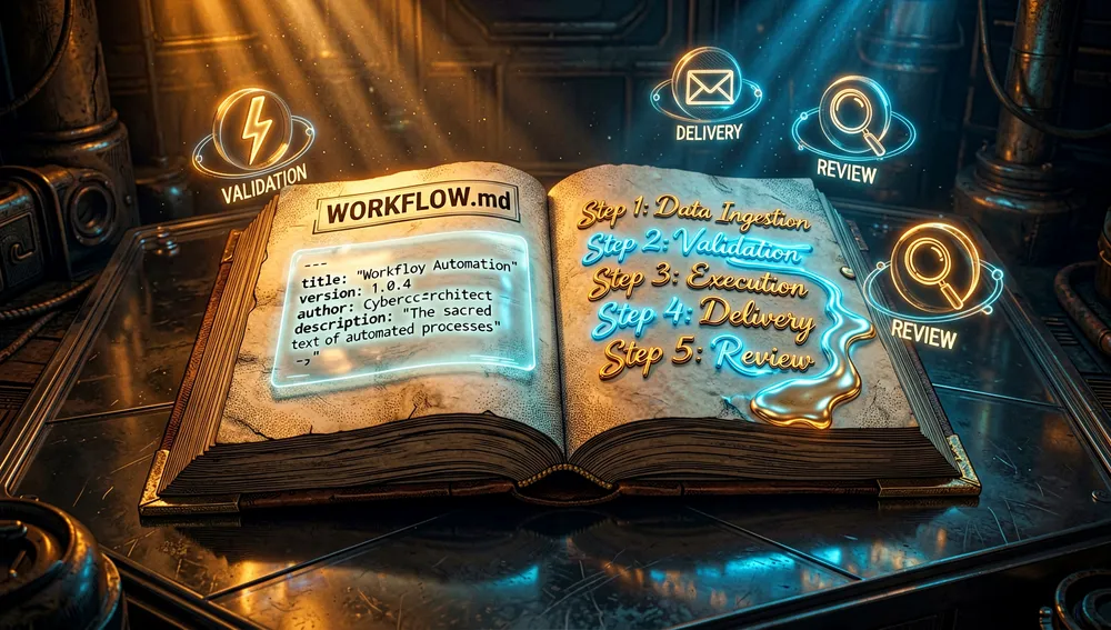 Ilustración dramática en modo oscuro de un archivo WORKFLOW.md visualizado como un tomo brillante de ley de código, a la vez antiguo y futurista. El archivo está abierto, revelando el front matter YAML como etiquetas holográficas brillantes en la parte superior, transicionando a un cuerpo de texto de prompt escrito en escritura fluida y luminosa. El libro descansa sobre una superficie oscura y reflectante en un santuario de alta tecnología tenuemente iluminado.