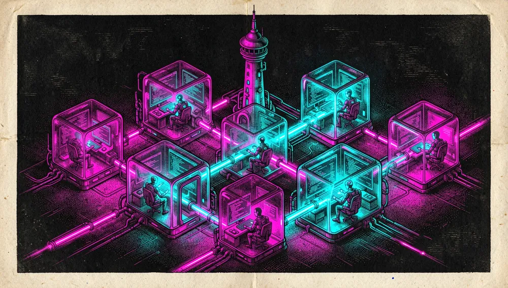 Obra de arte digital cyberpunk que representa el concepto de "Un espacio de trabajo por incidencia". Múltiples cámaras de aislamiento futuristas y transparentes están dispuestas en una cuadrícula, cada una conteniendo un entorno de codificación único y autocontenido. Dentro de cada cámara, un agente autónomo brillante interactúa con editores de código holográficos y ventanas de terminal. Las cámaras están conectadas por una red de rutas neón brillantes a una torre de observación central.