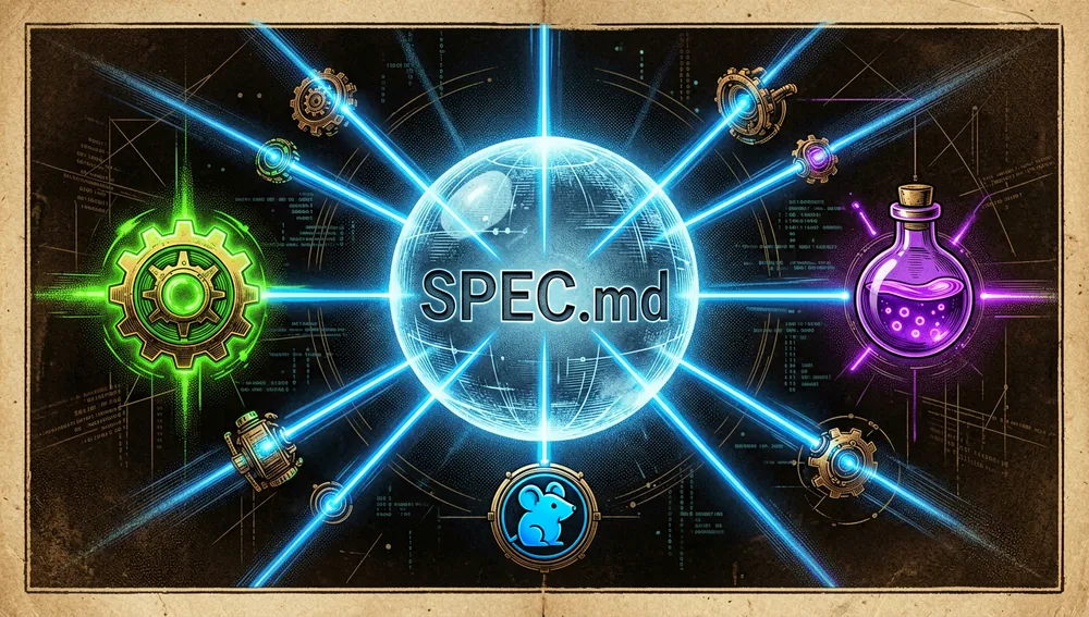 Ilustración conceptual que muestra el ecosistema y las interpretaciones comunitarias de Symphony. Una esfera holográfica azul central brillante y oficial —etiquetada "SPEC.md"— emite rayos de luz que tocan y activan varios nodos tecnológicos más pequeños y diversos a su alrededor. Un nodo es un engranaje verde brillante de Rust, otro es un frasco de poción púrpura de Elixir, y un tercero es un icono azul de gopher de Go, representando implementaciones comunitarias.