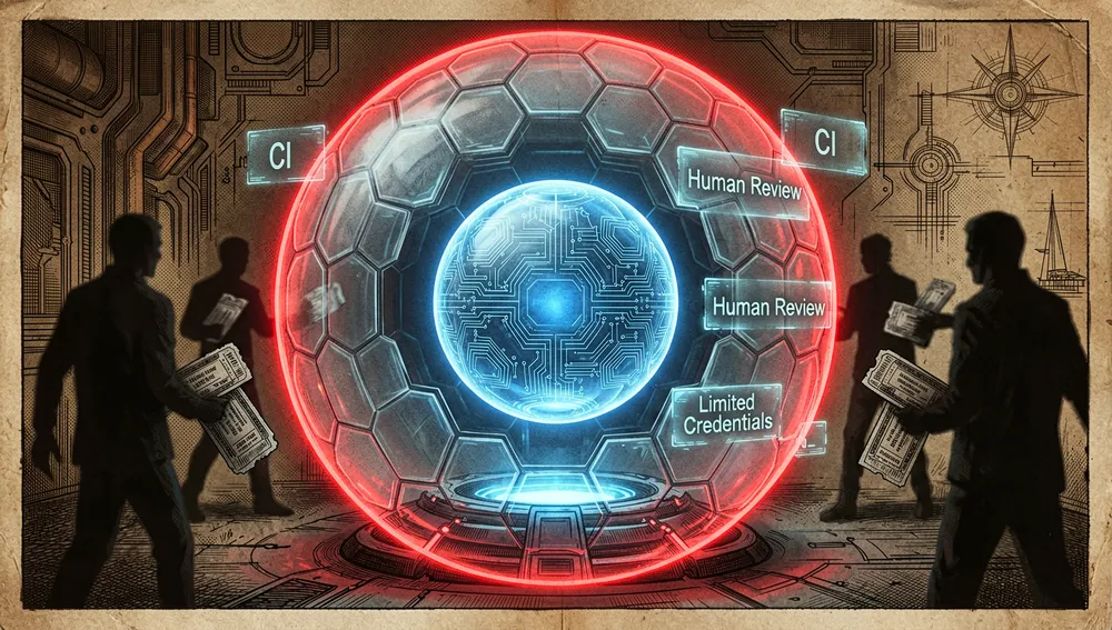 Visualización dramática en modo oscuro del modelo de seguridad y confianza en Symphony. Un icono de escudo translúcido y brillante rodea un núcleo central de agente autónomo. El escudo está compuesto por barreras de energía hexagonales en capas, etiquetadas con texto holográfico como "CI", "Human Review" y "Limited Credentials". Fuera del escudo, figuras oscuras y sombrías que representan entornos no confiables y tickets ambiguos son mantenidas a raya.