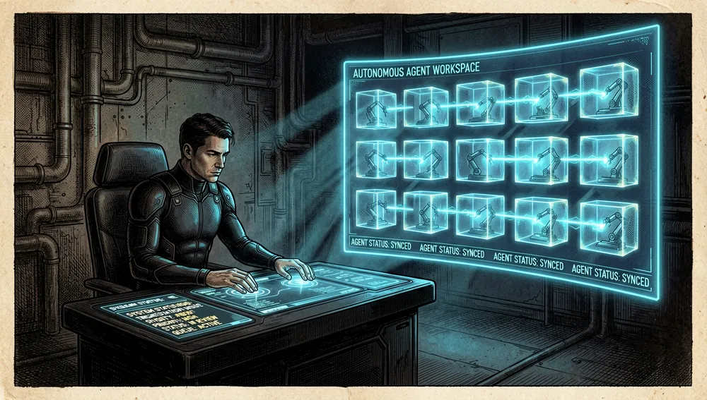 Escena futurista de una sala de control que representa el cambio de la microgestión a la orquestación. Un único operador humano se sienta en una consola oscura y elegante en una sala tenuemente iluminada, observando una pantalla holográfica curva y masiva. La pantalla muestra docenas de agentes de código autónomos trabajando en paralelo dentro de sus propios cubos de espacio de trabajo aislados, cada uno representado como una baldosa brillante. La consola del operador muestra solo estados de tickets de alto nivel y colas de revisión, no líneas de código.