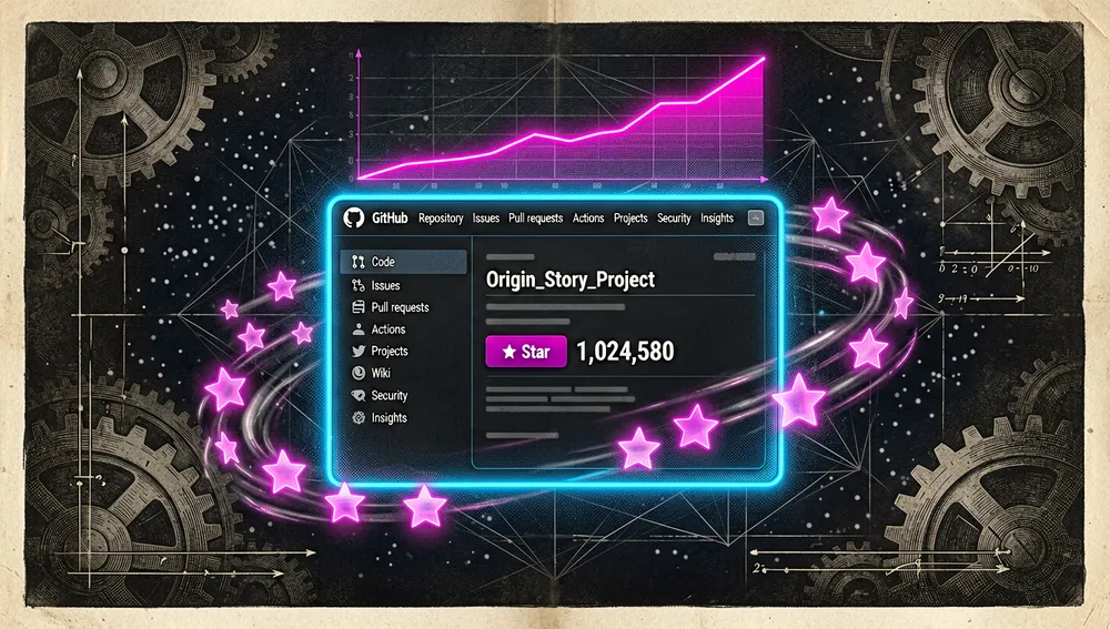 Representación visualmente rica en cyberpunk de una "historia de origen" y tracción rápida. Una interfaz de repositorio de GitHub futurista y brillante flotando en el aire, rodeada de iconos de estrellas neón acelerados y brillantes que representan miles de estrellas de GitHub acumulándose rápidamente. Marcas de tiempo digitales y gráficos holográficos futuristas muestran una línea de tendencia ascendente pronunciada y exponencial en magenta neón.