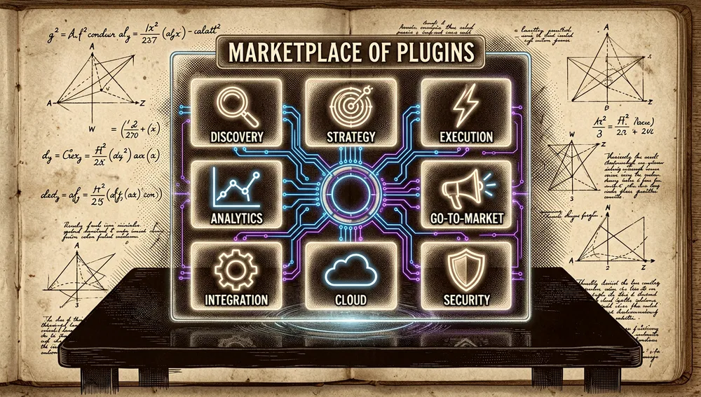 Interfaz futurista de cyberpunk que representa un "Marketplace de Plugins". Una pantalla holográfica oscura y de alta tecnología flotando sobre un escritorio de obsidiana elegante, mostrando una cuadrícula de nueve módulos holográficos distintos y brillantes. Cada módulo está representado por un icono neón único: una lupa para discovery, un objetivo para estrategia, un rayo para ejecución, un gráfico para analítica y un megáfono para go-to-market. Circuitos azules y púrpuras eléctricos brillantes conectan los módulos con un núcleo central.