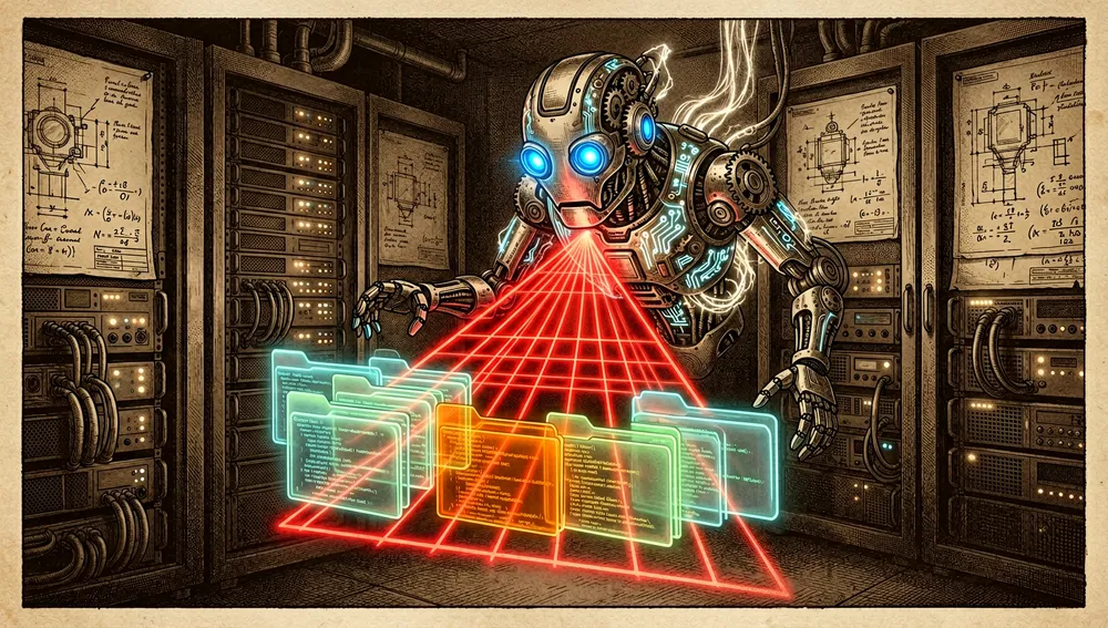 Representación futurista del "Ecosistema PM y Second Brain". Una esfera neuronal cyberpunk oscura y brillante que actúa como un "segundo cerebro" central, conectada por sinapsis neón brillantes a tres repositorios de datos futuristas distintos. Las conexiones pulsan con luz azul eléctrica y magenta, representando memoria persistente y contexto. El entorno es un espacio de trabajo digital oscuro y elegante con cuadrículas de datos holográficas.