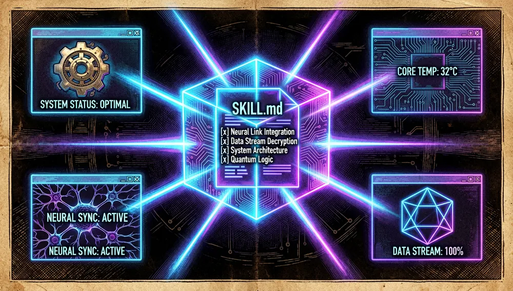 Interfaz cyberpunk visualmente llamativa para "Portabilidad Entre Agentes". Un cubo holográfico central y brillante que contiene un archivo SKILL.md estructurado, irradiando haces de luz neón hacia múltiples interfaces distintas de asistentes de IA dispuestas en círculo. Cada interfaz está representada por un logotipo holográfico futurista único y una ventana de terminal, recibiendo los mismos datos centrales pero adaptándolos a su propio entorno.