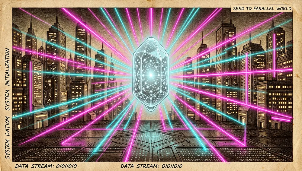 Ilustración cyberpunk en modo oscuro del concepto "De semilla a mundo paralelo". Una semilla cristalina brillante y flotante emite haces holográficos de luz que construyen un paisaje urbano digital iluminado en neón en el fondo. Flujos de datos neón magenta y cian fluyen desde la semilla hacia el suelo, construyendo la base de una realidad simulada.