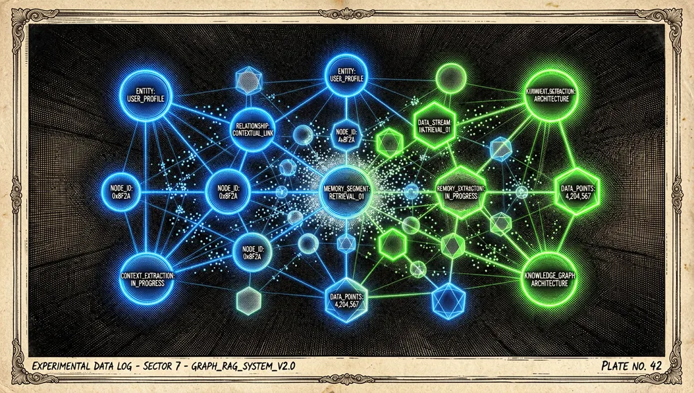 Visualización cyberpunk ultra detallada de un grafo de conocimiento GraphRAG. Nodos y aristas interconectados y brillantes flotan en un espacio digital oscuro e infinito. Los nodos están etiquetados con entidades y relaciones abstractas, pulsando con luz azul eléctrico y verde neón. Enjambres de diminutas partículas brillantes navegan por la red compleja, representando la recuperación de memoria y la extracción de contexto.
