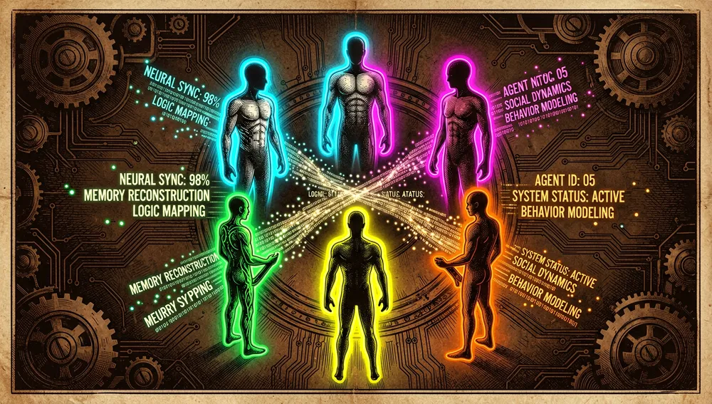 Ilustración cyberpunk en modo oscuro de agentes de IA heterogéneos interactuando. Cinco siluetas holográficas brillantes y distintas de figuras similares a humanos están de pie en círculo en un entorno virtual oscuro. Cada figura emite un aura neón de color diferente (cian, magenta, amarillo, verde, naranja) que representa personalidades, memorias y lógica distintas. Texto brillante y partículas digitales se intercambian entre ellas, simbolizando la interacción social y el modelado de comportamiento.