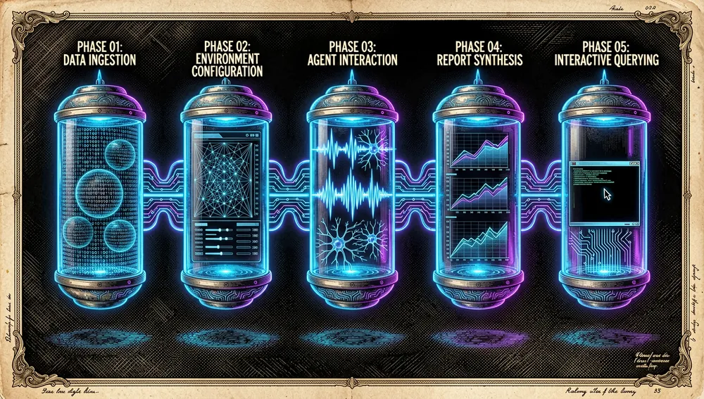 Ilustración futurista en modo oscuro del flujo de simulación de cinco fases. Una tubería holográfica elegante flota en un espacio cyberpunk oscuro, con cinco compartimentos de vidrio conectados y brillantes. Los compartimentos muestran representaciones abstractas de: 1) ingesta de datos, 2) configuración del entorno, 3) interacción de agentes, 4) síntesis de informe, y 5) consulta interactiva. Luces neón azul y púrpura fluyen a través de la tubería indicando progreso.