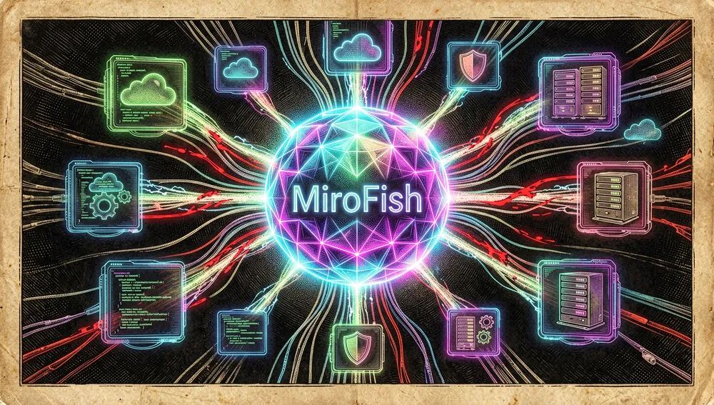 Ilustración cyberpunk en modo oscuro del ecosistema comunitario. Un núcleo neón central y brillante etiquetado "MiroFish" está rodeado de módulos holográficos más pequeños en órbita que representan proyectos comunitarios, aprovisionamiento en la nube y frameworks de terceros. Flujos de datos brillantes conectan el núcleo con los elementos en órbita, pero algunos flujos están fracturados o en rojo, indicando dominios no autorizados o no afiliados.