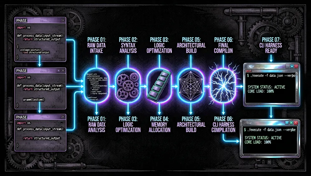 Ilustración de infografía visualmente rica que representa una tubería de siete fases transformando código fuente crudo en un harness CLI estructurado. Fondo en modo oscuro con nodos de datos neón brillantes y rastros de luz conectores. Bloques de código abstractos a la izquierda siendo procesados a través de siete etapas luminosas y distintas, resultando en un paquete de interfaz de línea de comandos pulido a la derecha.