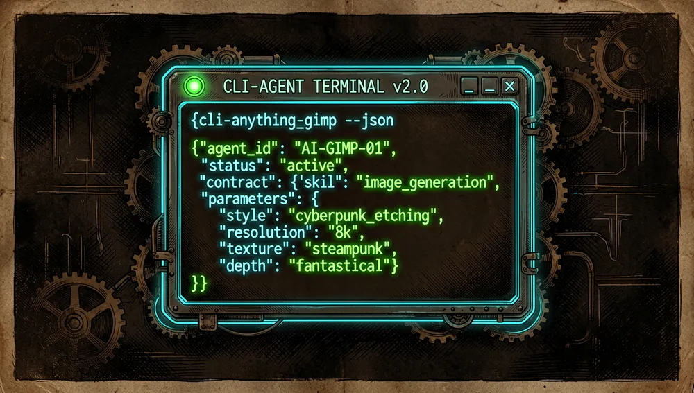 Renderizado de UI en primer plano y modo oscuro de una ventana de terminal ejecutando un comando cli-anything-gimp --json. El terminal muestra una salida JSON brillante y perfectamente estructurada en verde y cian neón. La interfaz es elegante y futurista, encarnando el concepto de "JSON y skill como contrato" para agentes de IA.