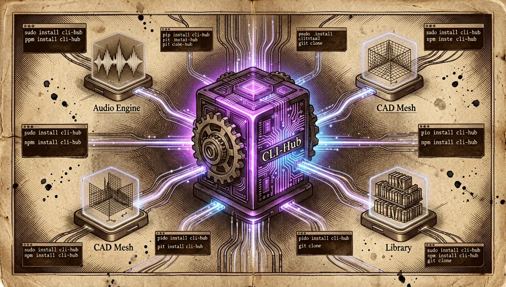 Visualización abstracta de temática cyberpunk de "CLI-Hub", un catálogo de marketplace impulsado por la comunidad para interfaces de línea de comandos de IA. Un núcleo de servidor central brillante y neón se conecta a múltiples nodos de software descentralizados, cada uno representado por iconos holográficos distintos (formas de onda de audio, mallas CAD 3D, bibliotecas de libros). Flujos de datos de comandos de instalación fluyen entre el núcleo y los nodos.