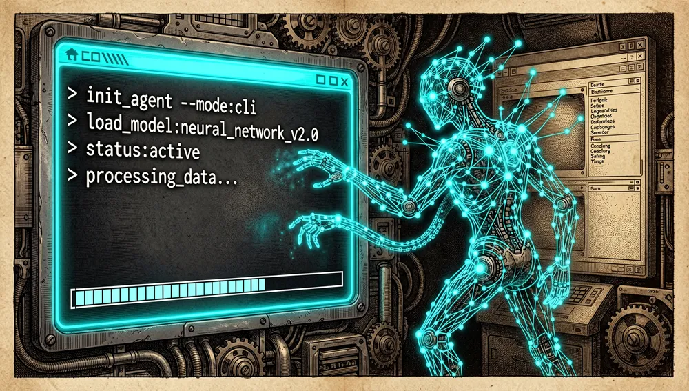 Ilustración de estilo pantalla dividida que muestra el contraste entre agentes tradicionales de computer-use y CLI-Anything. A la izquierda, un cursor robótico lucha por hacer clic en botones en una GUI borrosa y caótica. A la derecha, una entidad de IA elegante y brillante procesa sin esfuerzo comandos de texto estructurados y salidas JSON en un terminal prístino en modo oscuro. El lado derecho está iluminado con verde neón brillante y cian, resaltando eficiencia y reproducibilidad.