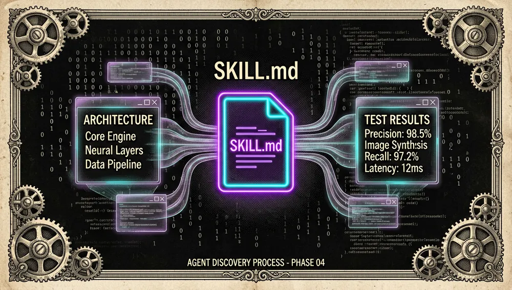 Visualización abstracta de temática cyberpunk del ecosistema de "Skill" de un agente de IA, centrada en un archivo SKILL.md brillante y con contorno neón. Proyecciones holográficas emanan del archivo, mostrando capacidades complejas de software, documentación arquitectónica y resultados de pruebas en un formato estructurado y cyberpunk. El fondo en modo oscuro está lleno de líneas de código flotantes y binario, enfatizando el proceso de descubrimiento y aprendizaje del agente.