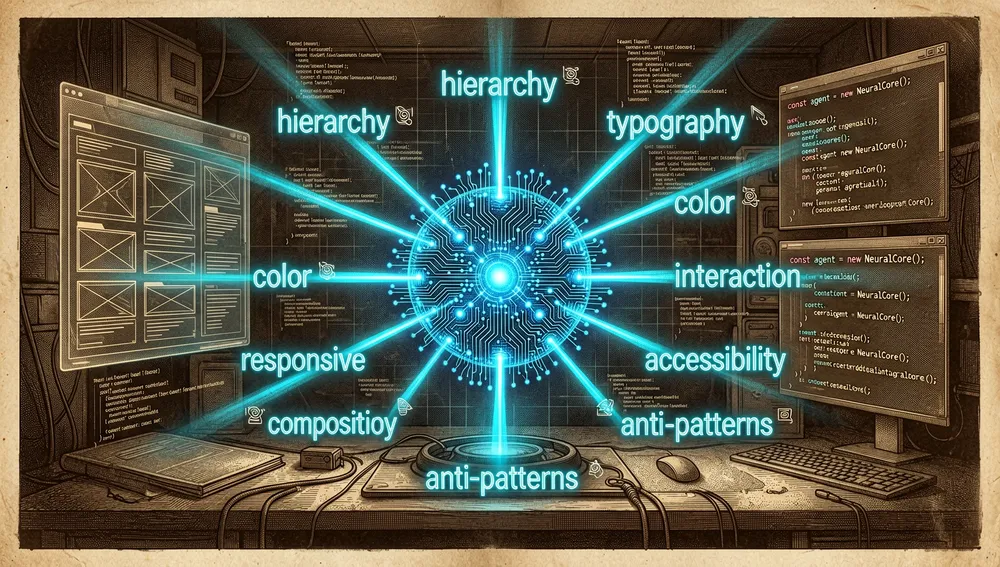 Escena cyberpunk en modo oscuro que representa el origen de un lenguaje de diseño para agentes de IA. Un núcleo neuronal brillante emite haces de luz hacia una interfaz de terminal, transformando instrucciones vagas en un vocabulario estructurado de diseño frontend. Términos neón flotantes aparecen como glifos abstractos nítidos y etiquetas mínimas legibles: jerarquía, composición, tipografía, color, interacción, responsive, accesibilidad y anti-patrones. Alrededor del núcleo, una interfaz de wireframe plana y genérica se reorganiza en un diseño más intencional con puntos focales claros, espaciado equilibrado y mayor prioridad visual.