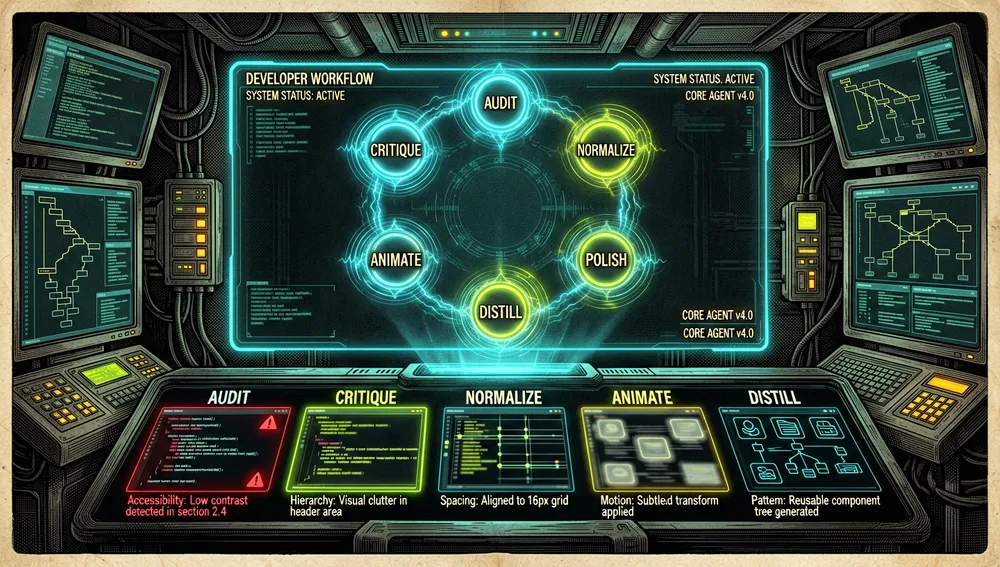 Consola de comandos futurista para un agente de diseño frontend, mostrando comandos de dirección especializados como chips neón brillantes. Seis tokens de comando orbitan un cursor central: audit, critique, normalize, polish, animate y distill, renderizados como botones holográficos elegantes con símbolos mínimos legibles y etiquetas nítidas. Un gran panel de UI está siendo transformado por cada comando: un escaneo de auditoría revela problemas de accesibilidad y contraste, la crítica destaca problemas de jerarquía, la normalización alinea espaciado y estructura, el pulido elimina ruido visual, la animación añade movimiento sutil de transformación y opacidad, y la destilación comprime componentes en patrones reutilizables.