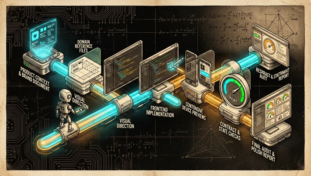 Pipeline futurista horizontal en modo oscuro que muestra el flujo de trabajo de una skill de diseño para agentes de IA. De izquierda a derecha, las etapas se representan mediante nodos brillantes conectados por flujos de datos neón: contexto de producto y documento de marca, dirección visual, archivos de referencia de dominio, implementación frontend, previsualizaciones de dispositivos responsive, comprobaciones de contraste y estados, e informe final de auditoría o pulido. Un pequeño avatar de agente se mueve a lo largo de la tubería, refinando una landing page hasta convertirla en una interfaz lista para producción.
