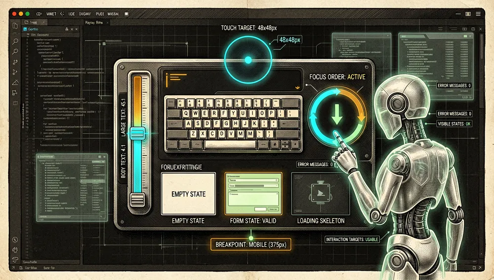 Escena oscura de accesibilidad e inspección de calidad cyberpunk para interfaces frontend. Un componente de UI está rodeado de herramientas de medición brillantes: medidores de relación de contraste mostrando ratios mínimos para texto de cuerpo y texto grande, anillos de enfoque de teclado, círculos de objetivo táctil, previsualizaciones de estado vacío, previsualizaciones de estado de formulario, esqueletos de carga e indicadores de punto de quiebre responsive. Un icono neón de accesibilidad pulsa sobre la interfaz mientras un agente comprueba el orden de foco, mensajes de error, estados visibles y objetivos de interacción usables.