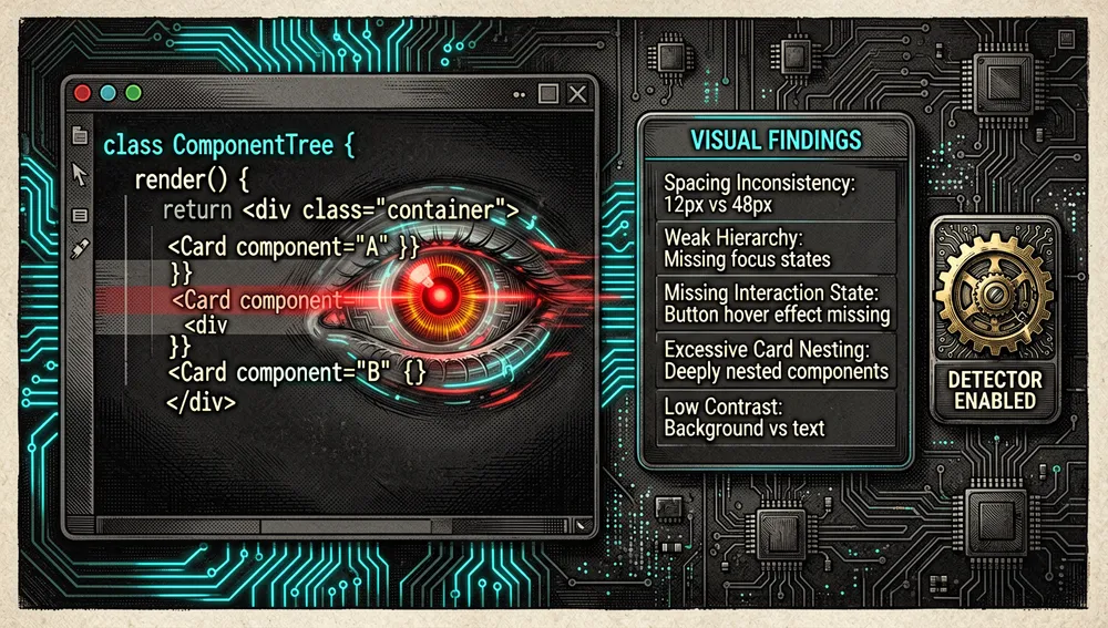 Primer plano de un hook detector de diseño ejecutándose tras una edición de UI. Un archivo de código cambia y un pequeño circuito sensor en el terminal emite un pulso neón, activando un panel lateral con hallazgos visuales: inconsistencia de espaciado, jerarquía débil, estado de interacción faltante, anidamiento excesivo de tarjetas y bajo contraste. El detector se representa como un ojo cibernético translúcido que escanea un árbol de componentes, con resaltados de advertencia rojos y ámbar moviéndose sobre la interfaz. Cerca, un interruptor de hook se muestra como un control consciente, enfatizando que el detector debe activarse deliberadamente y revisarse con cuidado.