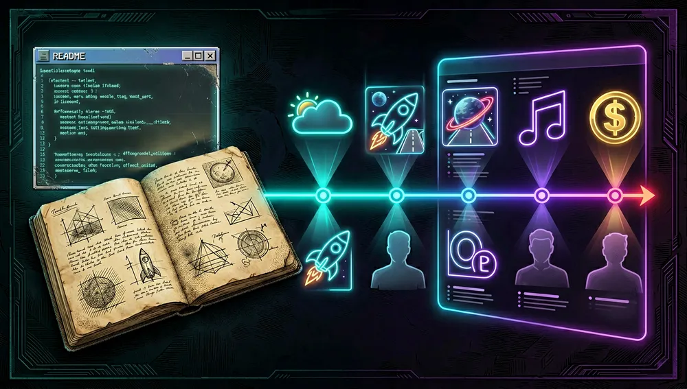 Ilustración cyberpunk en modo oscuro de un README personal evolucionando hacia un estándar comunitario: a la izquierda, una terminal de estilo 2016 y un cuaderno manuscrito brillan tenuemente, mientras a la derecha se expanden en un vasto directorio luminoso de APIs públicas. Una línea de tiempo neón atraviesa la escena desde un commit inicial hasta un ecosistema open source moderno, con nodos abstractos que representan las primeras entradas, el crecimiento comunitario, la migración a organización y la controversia con un vendor. Iconos holográficos de APIs flotan sobre la línea de tiempo —clima, espacio, transporte, música, finanzas— representados como símbolos neón elegantes. Siluetas translúcidas de contribuidores se fusionan con el listado, subrayando la propiedad colectiva. Fondo oscuro, iluminación neón cian y violeta, ultra detallado, cinematográfico, resolución 8K, sin texto legible.