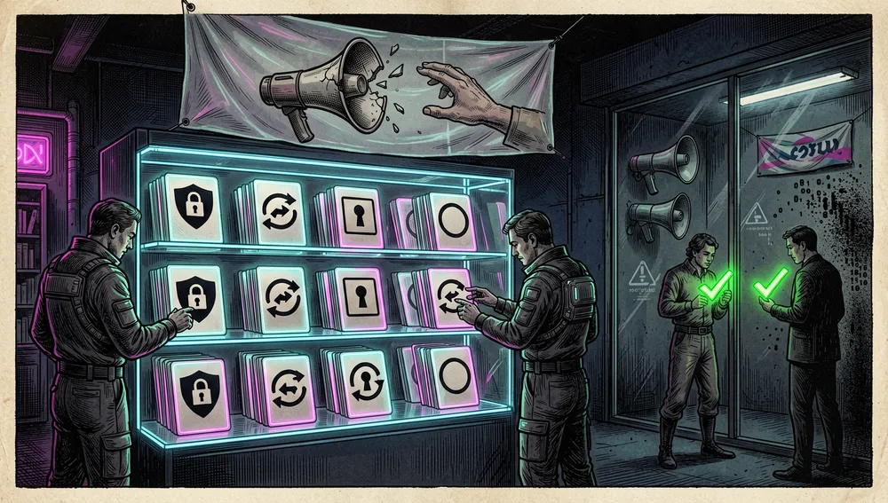 Escena conceptual en modo oscuro y estilo cyberpunk que representa la filosofía de un listado de APIs gratuitas curado por la comunidad: una biblioteca neón al aire libre donde figuras contribuidoras inspeccionan tarjetas de API brillantes dispuestas en estanterías transparentes. Cada tarjeta muestra iconos abstractos de acceso gratuito, cifrado HTTPS, compatibilidad CORS, claves de API, OAuth y acceso sin autenticación. Sobre la biblioteca, un gran cartel translúcido muestra un megáfono roto y una mano abierta, simbolizando que el directorio es una herramienta comunitaria y no un canal de marketing. En una cámara lateral en penumbra, megáfonos de vendors comerciales y banners patrocinados quedan contenidos tras un cristal, separados visualmente de los espacios comunes. Revisores humanos aprueban entradas con marcas de verificación brillantes, mientras datos automatizados o extraídos por scraping son rechazados como estática oscura. Ambiente ético, transparente y colaborativo, modo oscuro, estética cyberpunk, superficies ultra detalladas, resolución 8K, sin texto legible.