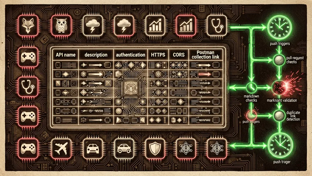 Diagrama detallado en modo oscuro y estilo cyberpunk de un archivo README extenso funcionando como un panel de control luminoso: el panel central es una tabla markdown brillante con columnas abstractas para nombre de API, descripción, autenticación, HTTPS, CORS y enlace a colección de Postman. Alrededor, 51 módulos de categoría se disponen en un índice circular, cada uno renderizado como un chip neón con iconos abstractos de animales, clima, finanzas, salud, videojuegos, transporte, seguridad y machine learning. Una tubería lateral muestra flujos de validación automatizada: disparadores de push, comprobaciones de pull request, validación de formato markdown, detección de enlaces duplicados y un verificador diario de enlaces a medianoche representado como una esfera neón similar a un reloj. Pulsos verdes viajan por la tubería cuando los enlaces son válidos, mientras enlaces rotos aparecen como tenues chispas rojas. Ambiente preciso, técnico y mantenible, modo oscuro, estética cyberpunk, circuitería ultra detallada, resolución 8K, sin texto legible.