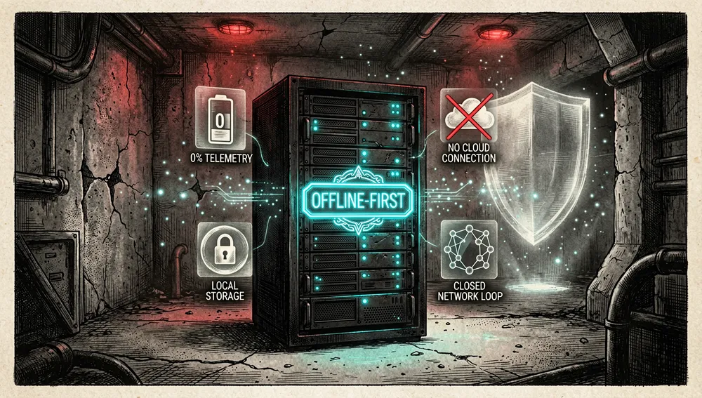 Ilustración cyberpunk en modo oscuro de un servidor offline-first operando en completo aislamiento de red. Un compacto rack de servidor negro se sitúa dentro de un búnker futurista subterráneo, con su panel frontal brillando con luces de estado cian y una sutil insignia neón que dice "OFFLINE-FIRST". Alrededor, iconos holográficos muestran telemetría cero, sin conexión a la nube, almacenamiento local y un bucle de red cerrado. El fondo es un entorno oscuro de concreto y metal con tenue iluminación de emergencia roja, partículas de datos flotantes y un gran escudo holográfico bloqueando señales de red externas. La imagen transmite privacidad, control y autosuficiencia. Modo oscuro, estética tecnológica cyberpunk, acentos neón, ultra detallado, resolución 8K.