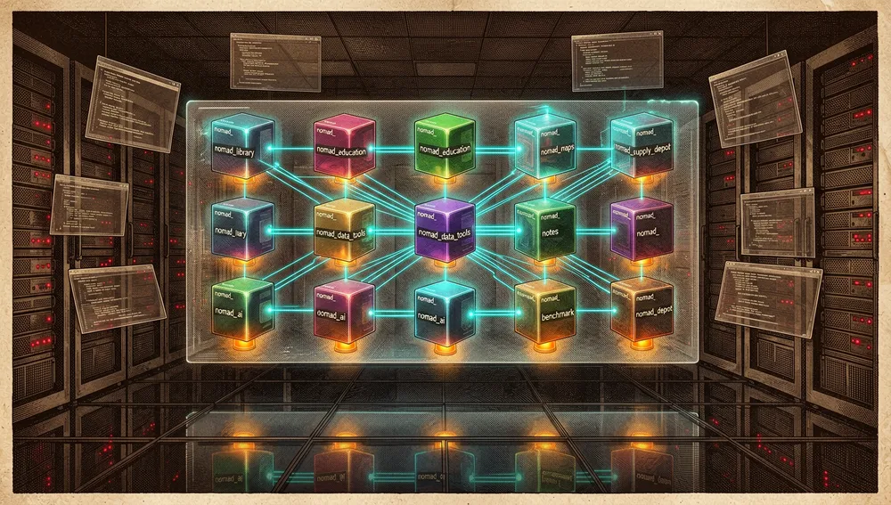 Detallado centro de comando futurista visualizando la orquestación de contenedores Docker para una plataforma de conocimiento local. Un panel de control holográfico central muestra múltiples cubos de contenedor brillantes etiquetados con nombres de servicio abstractos, cada uno conectado a un nodo central "Command Center". Los contenedores están codificados por color: biblioteca, educación, mapas, herramientas de datos, notas, IA, benchmark y supply depot. Finas líneas neón muestran el flujo de datos entre servicios, mientras un sutil prefijo "nomad_" brilla en cada contenedor. El entorno es una sala de servidores oscura con suelos de cristal, hologramas cian, luces de advertencia ámbar y ventanas de terminal flotantes. La composición enfatiza orquestación, modularidad e infraestructura manejable. Modo oscuro, estética tecnológica cyberpunk, acentos neón, ultra detallado, resolución 8K.