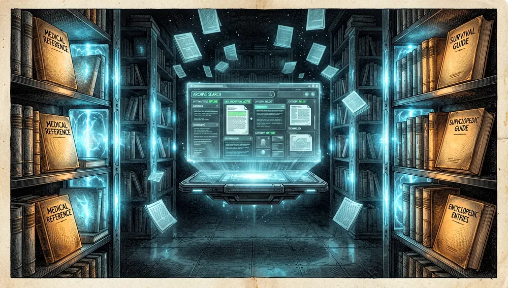 Biblioteca holográfica inmersiva que representa un archivo de información offline. Estanterías translúcidas y torreadas llenas de libros brillantes, tarjetas de referencia médica, guías de supervivencia, entradas enciclopédicas y portadas de ebooks flotan en una cámara de archivo oscura y cyberpunk. Un escritorio de lectura holográfico central muestra una interfaz de conocimiento buscable con resaltados semánticos, previsualizaciones de documentos y categorías del archivo. La iluminación es azul fría y verde azulado con cálidos acentos de brillo de libros ámbar. La atmósfera evoca una bóveda secreta de conocimiento offline, combinando academia, supervivencia y tecnología futurista. Modo oscuro, estética tecnológica cyberpunk, acentos neón, ultra detallado, resolución 8K.