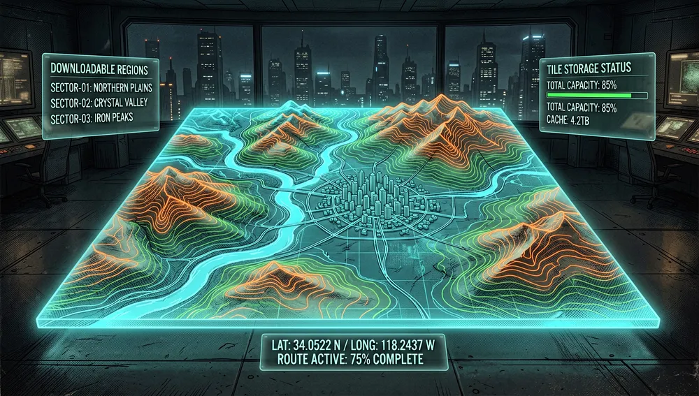 Interfaz de mapeo offline cinematográfica mostrada como un gran mapa topográfico holográfico. El mapa muestra terreno regional, carreteras, ríos, ciudades y capas de elevación en líneas brillantes cian, verdes y naranjas. Alrededor del mapa, paneles flotantes muestran regiones de mapa descargables, estado de almacenamiento de teselas, lecturas de coordenadas y rutas de navegación. El fondo es una sala de control oscura con una ventana panorámica que domina una ciudad futurista de noche, pero el mapa en sí permanece autocontenido y desconectado de feeds satelitales externos. El estilo visual es preciso, técnico e inmersivo. Modo oscuro, estética tecnológica cyberpunk, acentos neón, ultra detallado, resolución 8K.