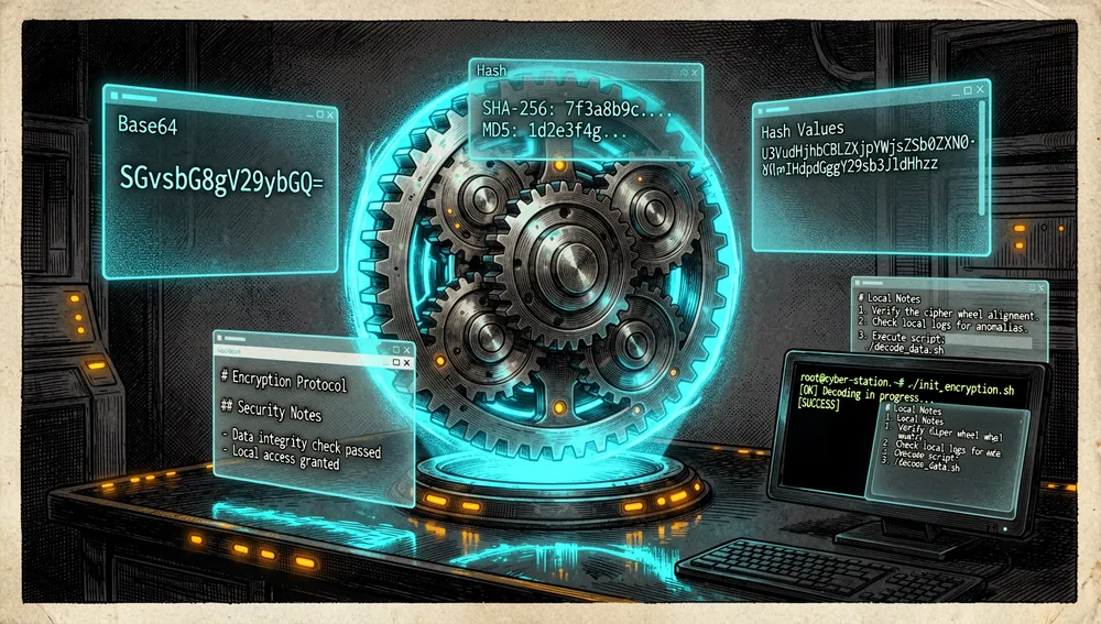 Estación de trabajo oscura de herramientas de datos cyberpunk con cifrado, codificación, decodificación y notas locales. Una gran rueda de cifrado holográfica gira junto a paneles flotantes que muestran base64, valores hash, texto codificado y documentos markdown. Una elegante terminal negra muestra fragmentos de línea de comandos, mientras un editor de notas translúcido muestra encabezados formateados, listas y bloques de código. El entorno es una estación de operador tenue con brillo cian de pantalla, luces indicadoras ámbar y superficies negras reflectantes. La imagen enfatiza privacidad, utilidad y manipulación práctica de datos. Modo oscuro, estética tecnológica cyberpunk, acentos neón, ultra detallado, resolución 8K.