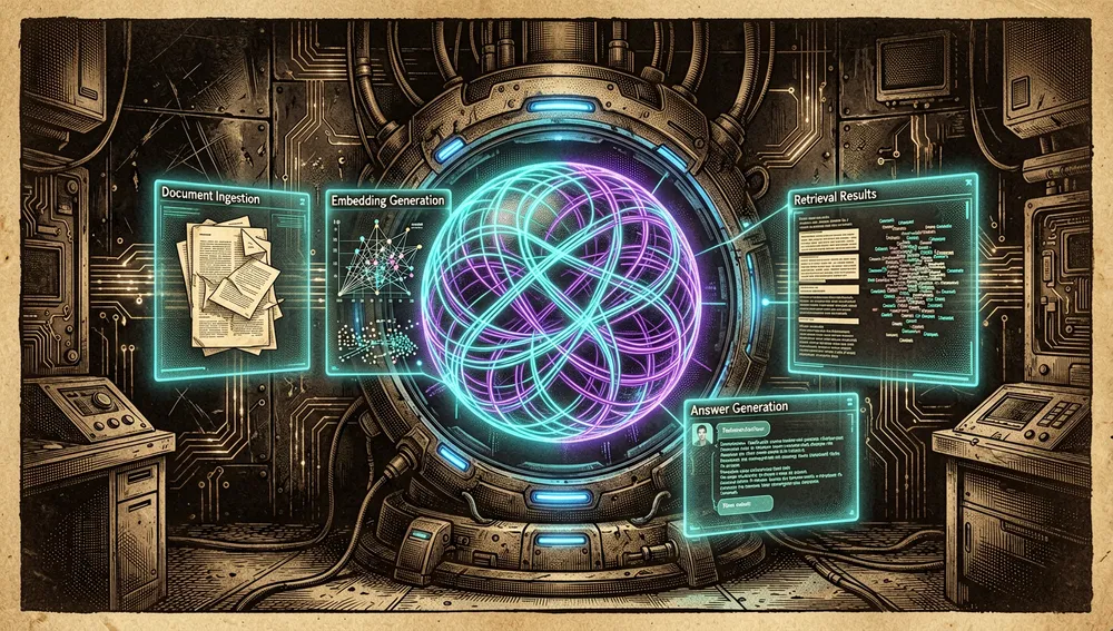 Núcleo futurista de un asistente de IA local brillando dentro de un chasis de servidor sellado. Una esfera de red neuronal emite luz cian y violeta, conectada a tarjetas de documentos flotantes, gráficos de búsqueda vectorial, clústeres semánticos y una interfaz de chat. Alrededor, paneles holográficos muestran ingesta de documentos, generación de embeddings, resultados de recuperación y generación de respuestas. La escena sugiere un asistente de conocimiento de IA privado y offline, impulsado por modelos locales y bases de datos vectoriales. El fondo es un laboratorio técnico oscuro con paneles de cristal, circuitería brillante y suave luz volumétrica. El ambiente es inteligente, seguro y autocontenido. Modo oscuro, estética tecnológica cyberpunk, acentos neón, ultra detallado, resolución 8K.