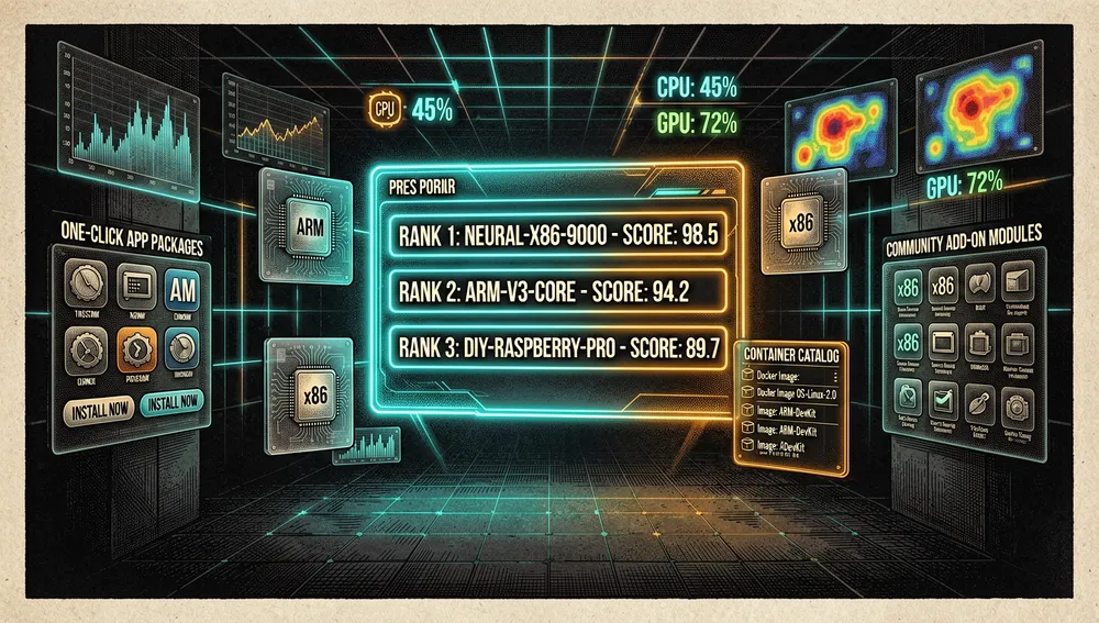 Dashboard comunitario de benchmark y ecosistema para un servidor de conocimiento local. Un gran holograma de leaderboard muestra puntuaciones de hardware, perfiles de dispositivo, insignias de arquitectura y posiciones de ranking en cian y ámbar brillantes. Paneles circundantes muestran dispositivos ARM y x86, placas similares a Raspberry Pi, catálogos de contenedores, paquetes de aplicaciones de un clic y módulos de add-ons comunitarios. El escenario es una sala de datos cyberpunk oscura con gráficos de rendimiento flotantes, mapas térmicos, indicadores de CPU/GPU y líneas de cuadrícula neón. La imagen transmite participación comunitaria, diversidad de hardware y cultura DIY de autoalojamiento. Modo oscuro, estética tecnológica cyberpunk, acentos neón, ultra detallado, resolución 8K.