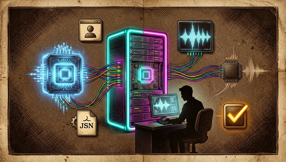 Ilustración cyberpunk de alta tecnología sobre automatización local-first de IA, en modo oscuro con acentos neón. La escena se centra en un rack de servidor local compacto que brilla con luces cian y magenta, conectado por cables tipo fibra a tres módulos abstractos: un núcleo de modelo de lenguaje grande, una forma de onda de transcripción de voz y un pequeño chip de síntesis de voz que emite patrones vocales suaves. Una silueta de usuario se sienta frente a una terminal, revisando cuidadosamente el contenido generado antes de que se publique, enfatizando la supervisión humana. Alrededor del espacio de trabajo, iconos flotantes representan un perfil de navegador ya logueado, un archivo de configuración JSON y una casilla de consentimiento brillando en ámbar. La atmósfera comunica responsabilidad, control local y automatización consciente de la privacidad, sin texto legible.